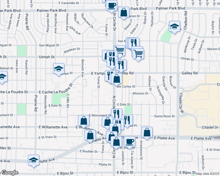 map of restaurants, bars, coffee shops, grocery stores, and more near 902 North Circle Drive in Colorado Springs