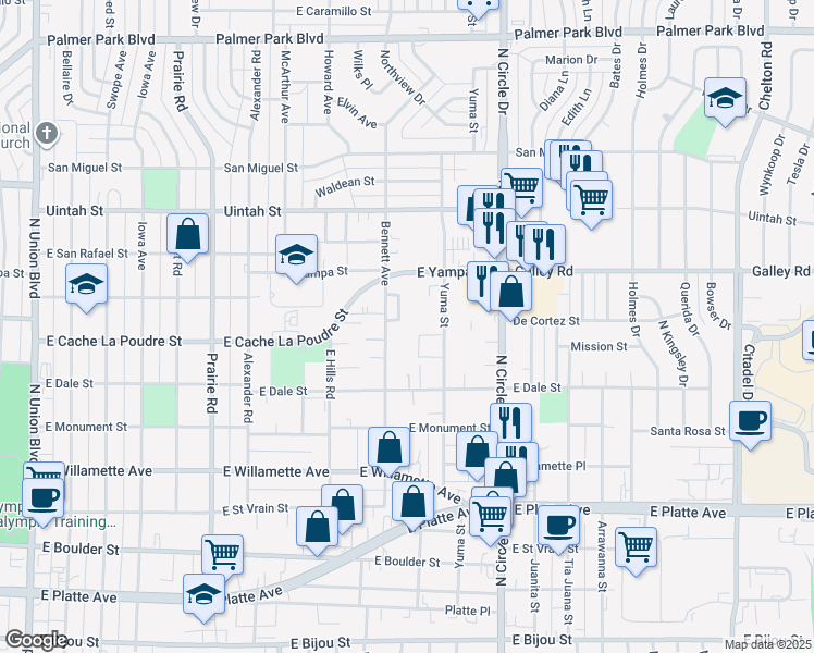 map of restaurants, bars, coffee shops, grocery stores, and more near 909 Bennett Lane in Colorado Springs