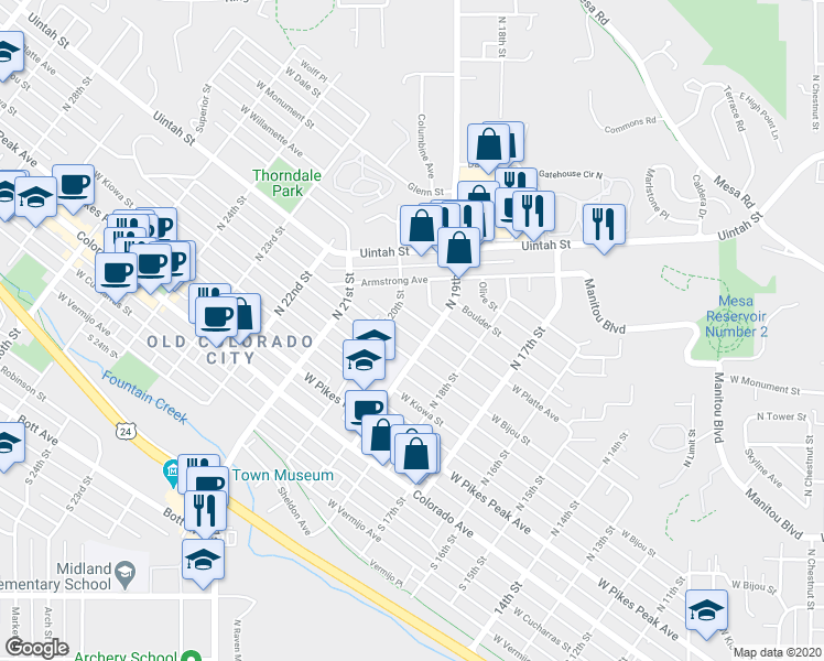 map of restaurants, bars, coffee shops, grocery stores, and more near 1917 West Platte Avenue in Colorado Springs