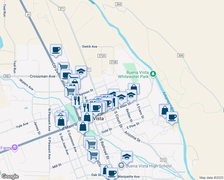 map of restaurants, bars, coffee shops, grocery stores, and more near 502 Pinon Street in Buena Vista