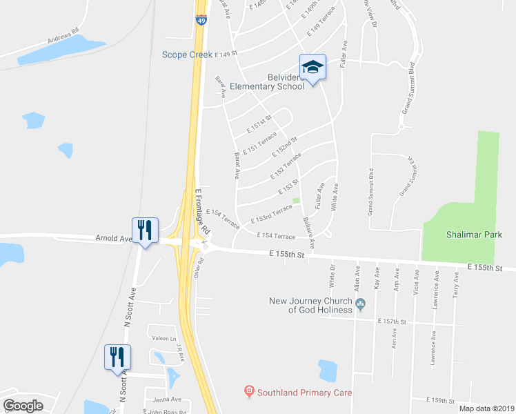 map of restaurants, bars, coffee shops, grocery stores, and more near 6005 East 153 Street in Grandview