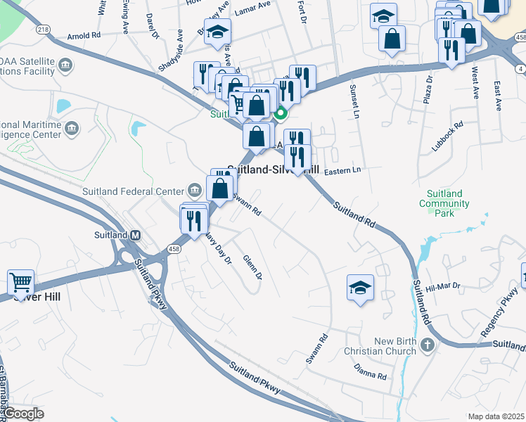 map of restaurants, bars, coffee shops, grocery stores, and more near 3234 Swann Road in Suitland-Silver Hill