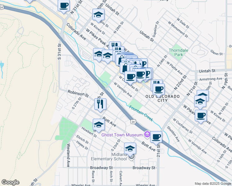 map of restaurants, bars, coffee shops, grocery stores, and more near 310 South 25th Street in Colorado Springs