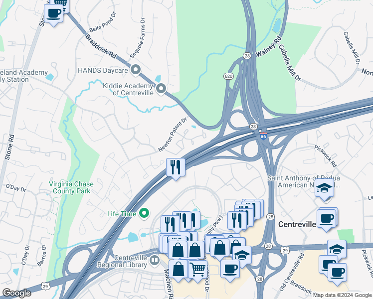 map of restaurants, bars, coffee shops, grocery stores, and more near 14221 Heritage Crossing Lane in Centreville