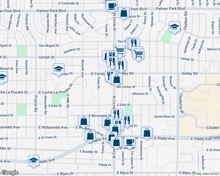 map of restaurants, bars, coffee shops, grocery stores, and more near 902 North Circle Drive in Colorado Springs