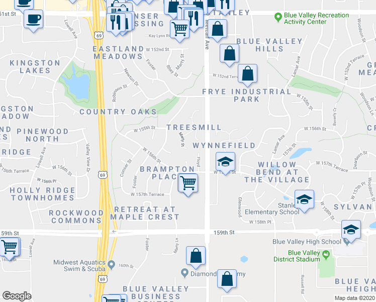 map of restaurants, bars, coffee shops, grocery stores, and more near 15535 Marty Street in Overland Park
