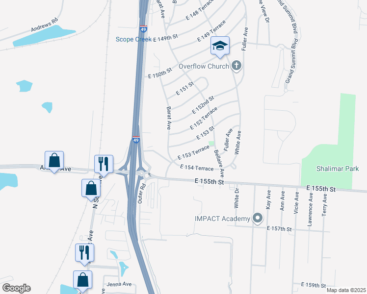 map of restaurants, bars, coffee shops, grocery stores, and more near 6005 East 153 Street in Grandview