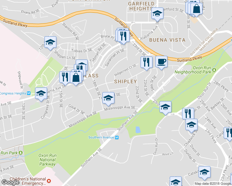 map of restaurants, bars, coffee shops, grocery stores, and more near 1916 Trenton Place Southeast in Washington