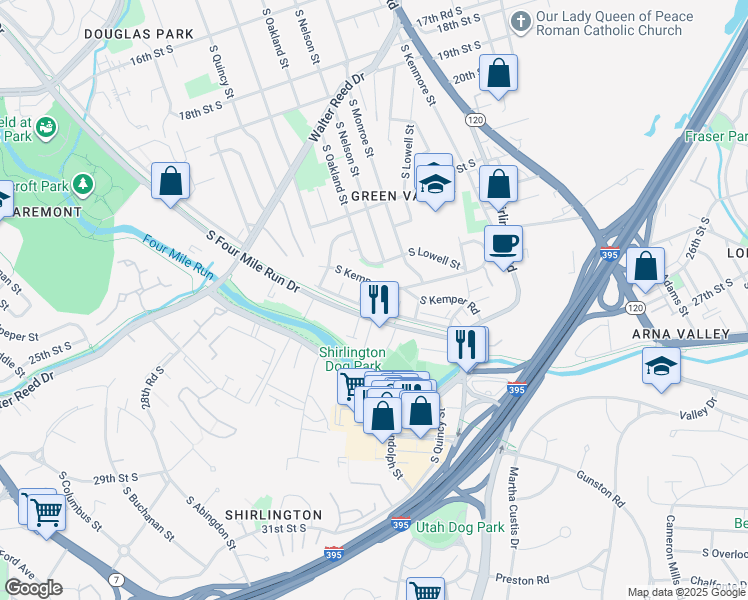 map of restaurants, bars, coffee shops, grocery stores, and more near 3655 South Four Mile Run Drive in Arlington