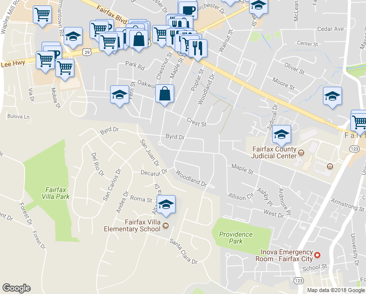 map of restaurants, bars, coffee shops, grocery stores, and more near 10822 Maple Street in Fairfax