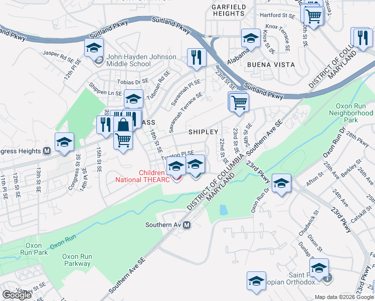 map of restaurants, bars, coffee shops, grocery stores, and more near 1916 Trenton Place Southeast in Washington