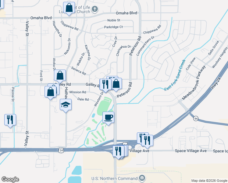 map of restaurants, bars, coffee shops, grocery stores, and more near 6870 Galley Road in Colorado Springs