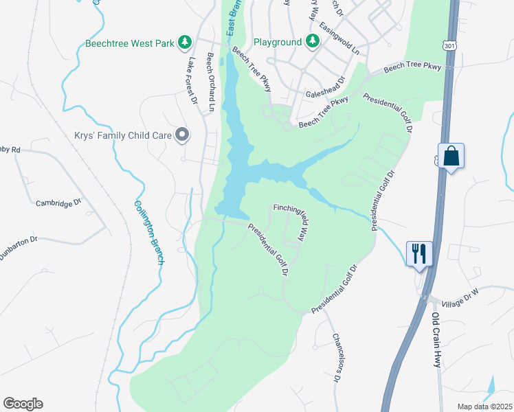 map of restaurants, bars, coffee shops, grocery stores, and more near 15412 Finchingfield Way in Upper Marlboro