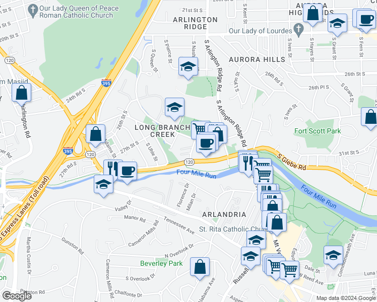 map of restaurants, bars, coffee shops, grocery stores, and more near 2810 South Meade Street in Arlington