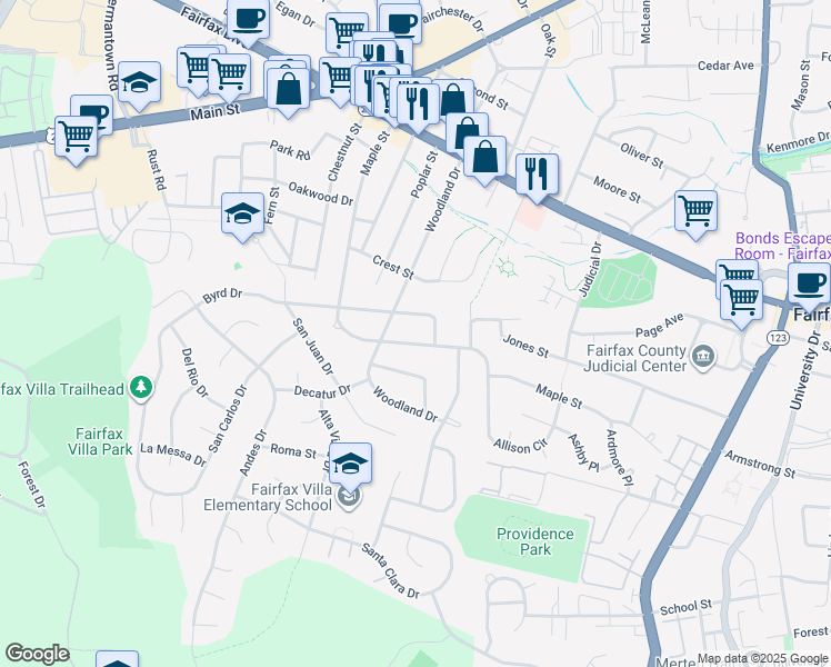 map of restaurants, bars, coffee shops, grocery stores, and more near in Fairfax