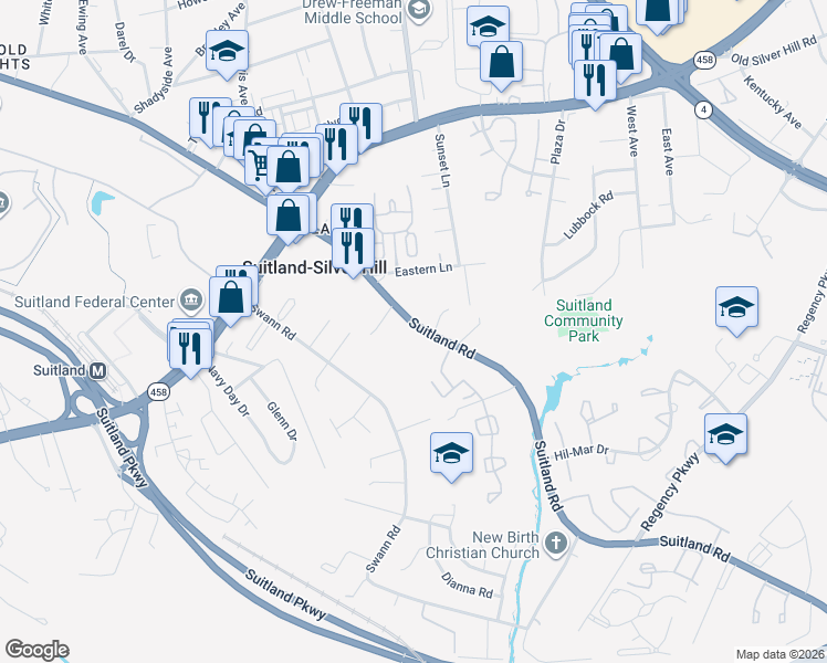 map of restaurants, bars, coffee shops, grocery stores, and more near 5035 Suitland Road in Hillcrest Heights