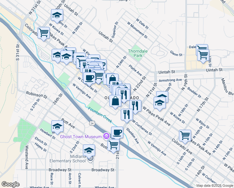 map of restaurants, bars, coffee shops, grocery stores, and more near 2225 West Pikes Peak Avenue in Colorado Springs