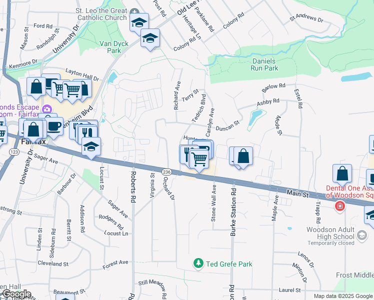 map of restaurants, bars, coffee shops, grocery stores, and more near 10012 Peterson Street in Fairfax