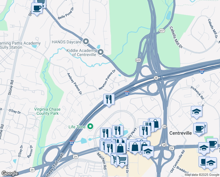 map of restaurants, bars, coffee shops, grocery stores, and more near 5726 Heritage Crossing Court in Centreville