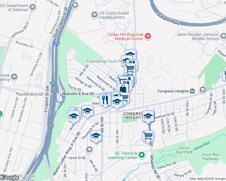 map of restaurants, bars, coffee shops, grocery stores, and more near 549 Newcomb Street Southeast in Washington