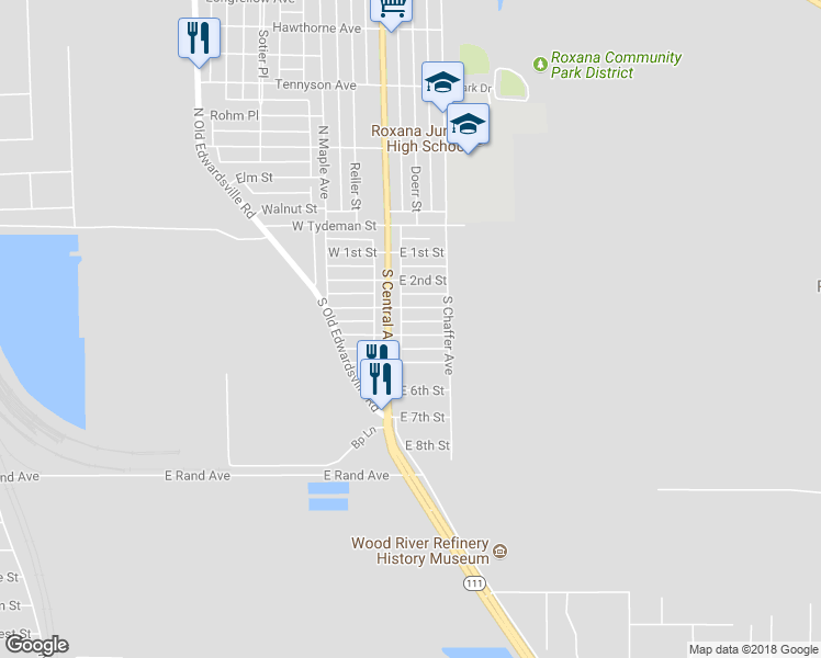 map of restaurants, bars, coffee shops, grocery stores, and more near 120 East 4th Street in Roxana