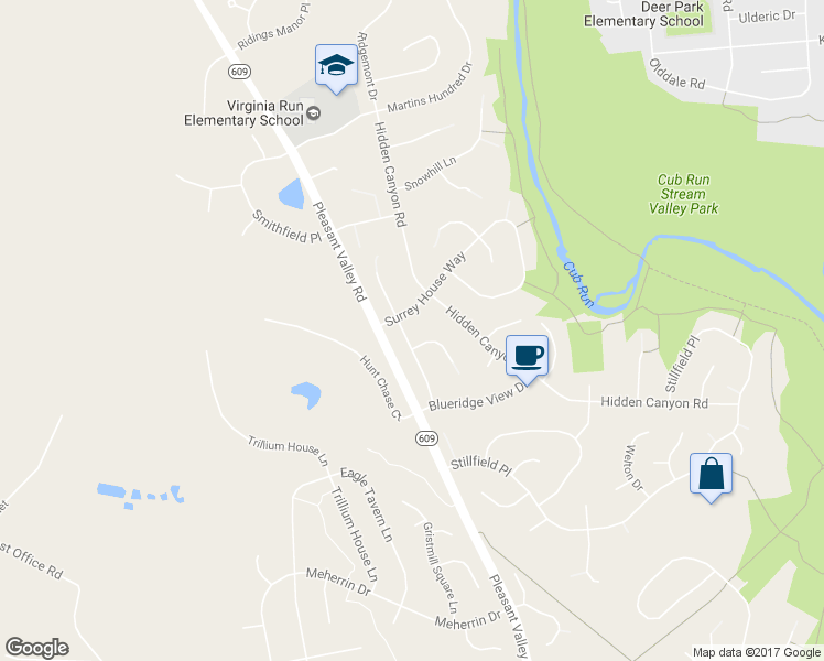 map of restaurants, bars, coffee shops, grocery stores, and more near 6213 Secret Hollow Lane in Centreville