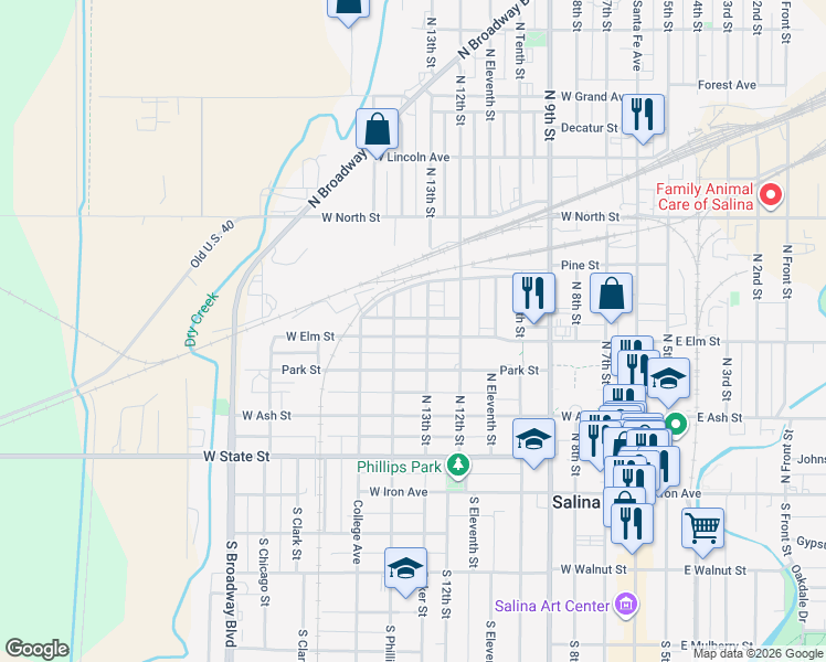 map of restaurants, bars, coffee shops, grocery stores, and more near 300-310 North Phillips Avenue in Salina