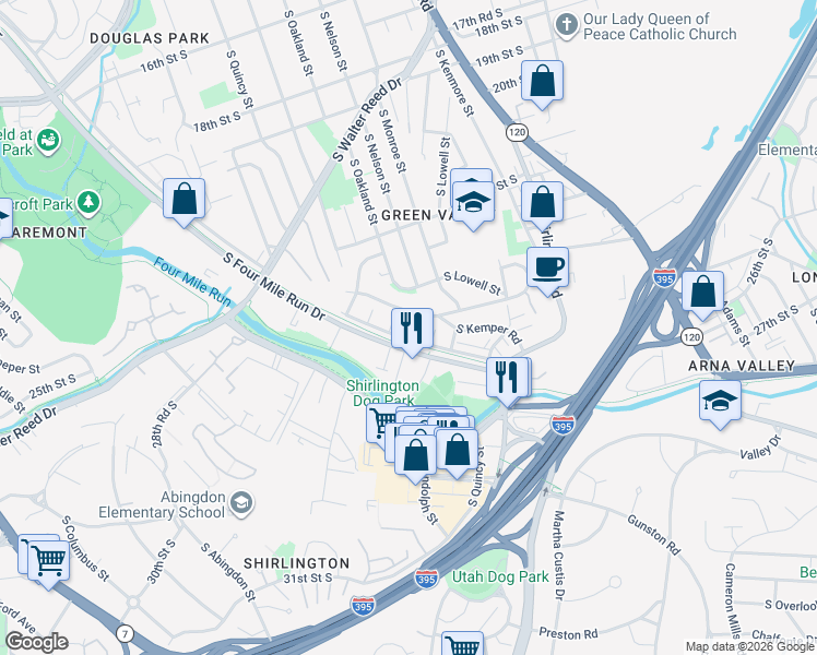 map of restaurants, bars, coffee shops, grocery stores, and more near 3653 South Four Mile Run Drive in Arlington