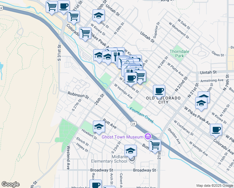 map of restaurants, bars, coffee shops, grocery stores, and more near 310 South 25th Street in Colorado Springs
