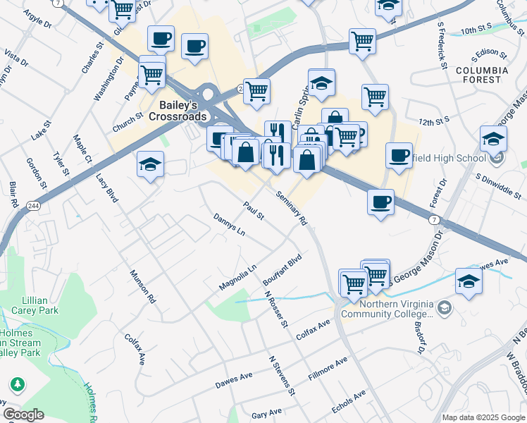 map of restaurants, bars, coffee shops, grocery stores, and more near 3605 Paul Street in Alexandria