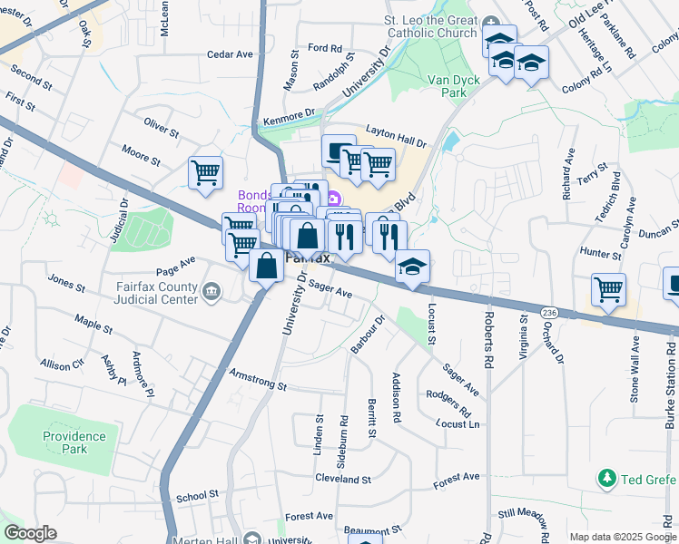 map of restaurants, bars, coffee shops, grocery stores, and more near 10353 Main Street in Fairfax