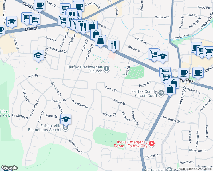 map of restaurants, bars, coffee shops, grocery stores, and more near 10716 Jones Street in Fairfax