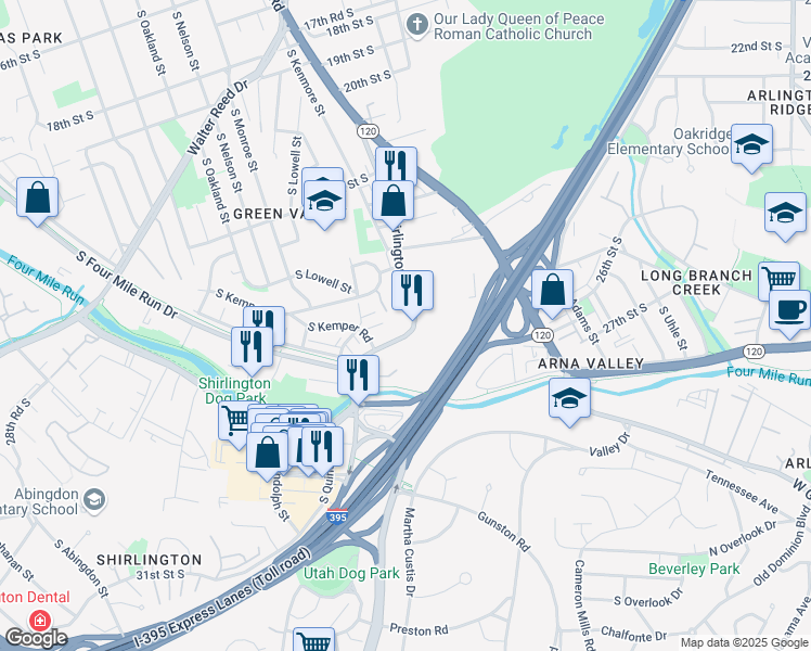 map of restaurants, bars, coffee shops, grocery stores, and more near 2620 South Shirlington Road in Arlington