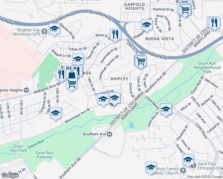 map of restaurants, bars, coffee shops, grocery stores, and more near 1922 Trenton Place Southeast in Washington