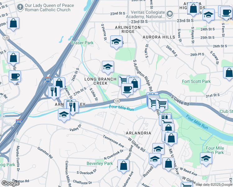 map of restaurants, bars, coffee shops, grocery stores, and more near 2810 South Meade Street in Arlington