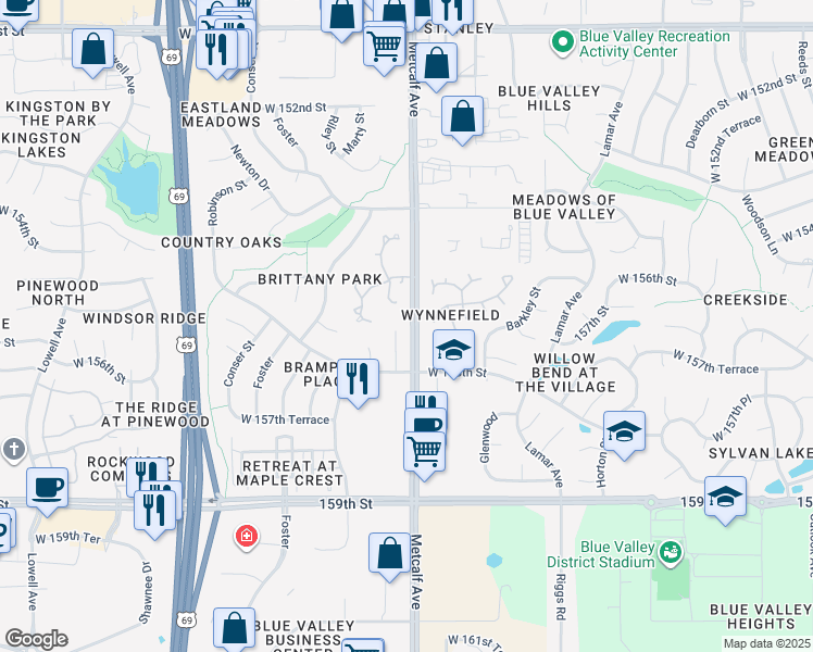 map of restaurants, bars, coffee shops, grocery stores, and more near 15541 Floyd Street in Overland Park