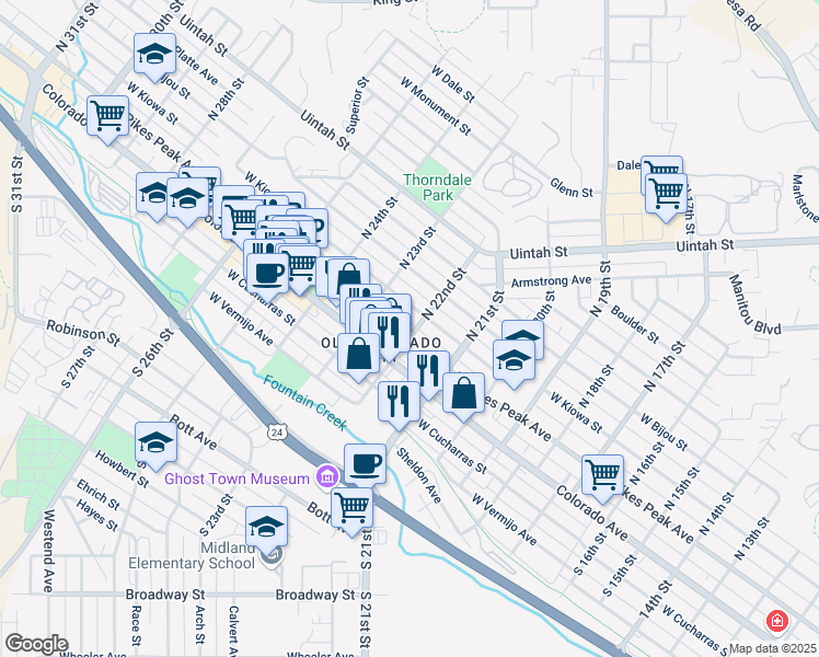 map of restaurants, bars, coffee shops, grocery stores, and more near 4 North 22nd Street in Colorado Springs