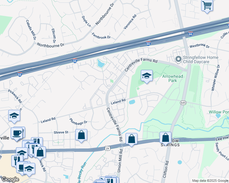 map of restaurants, bars, coffee shops, grocery stores, and more near 13470 Twilight Glow Drive in Centreville