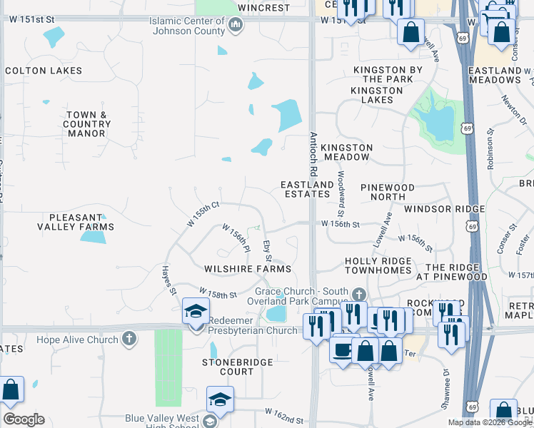 map of restaurants, bars, coffee shops, grocery stores, and more near 15557 Eby Street in Overland Park