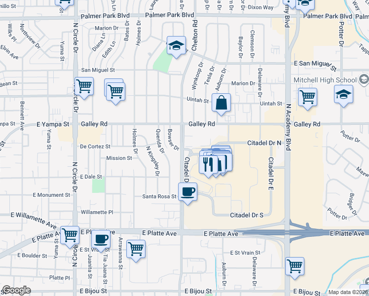 map of restaurants, bars, coffee shops, grocery stores, and more near 3310 West Portal Drive in Colorado Springs