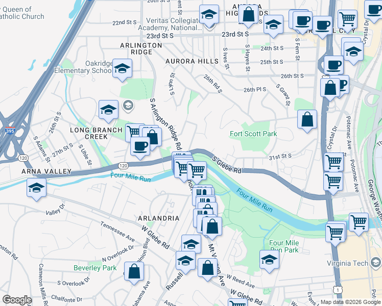 map of restaurants, bars, coffee shops, grocery stores, and more near 3100 South Glebe Road in Arlington