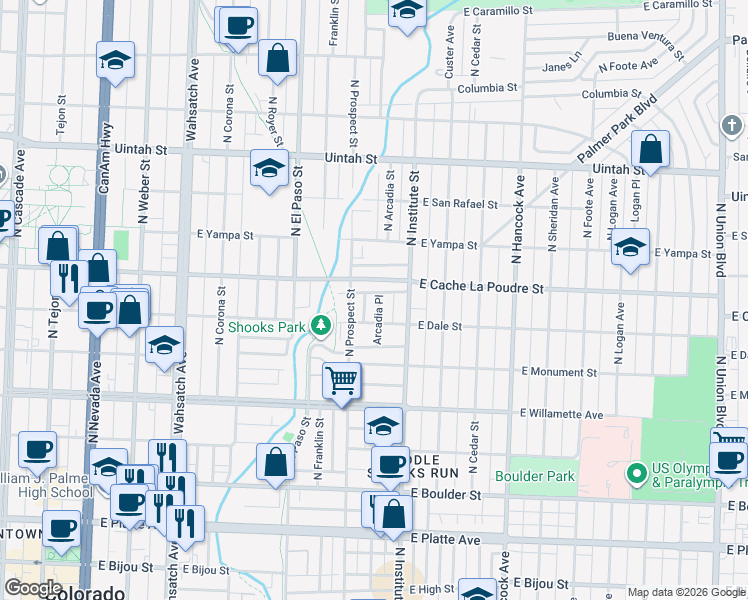 map of restaurants, bars, coffee shops, grocery stores, and more near 818 Arcadia Place in Colorado Springs