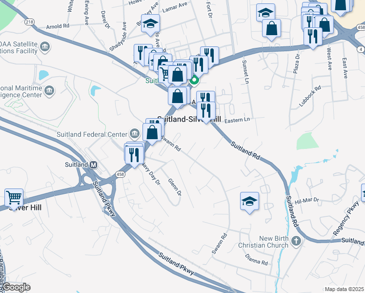map of restaurants, bars, coffee shops, grocery stores, and more near 3224 Swann Road in Hillcrest Heights