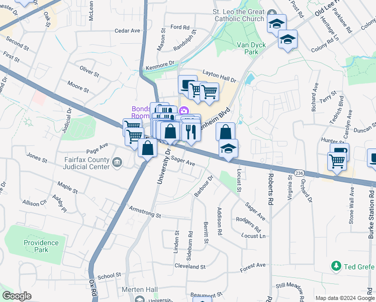 map of restaurants, bars, coffee shops, grocery stores, and more near 10353 Main Street in Fairfax