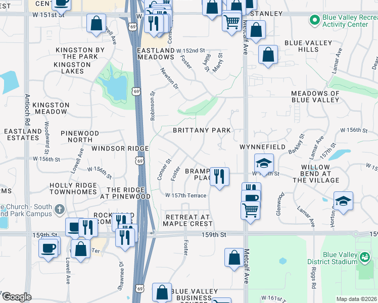 map of restaurants, bars, coffee shops, grocery stores, and more near 7504 West 156th Street in Overland Park