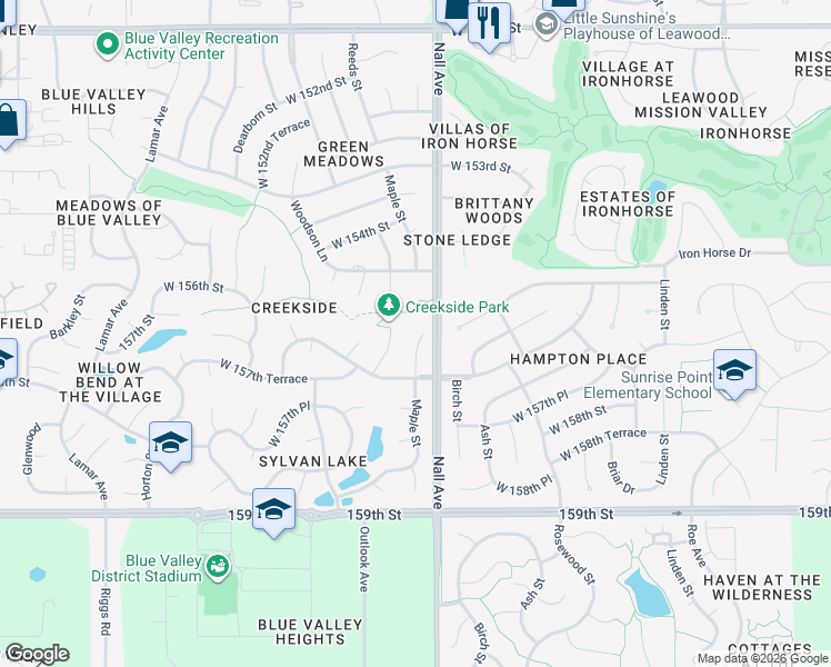 map of restaurants, bars, coffee shops, grocery stores, and more near 15602 Maple Street in Overland Park