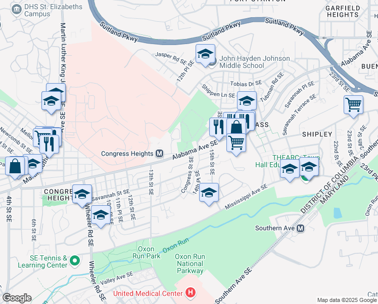 map of restaurants, bars, coffee shops, grocery stores, and more near 1394 Alabama Ave SE in Washington