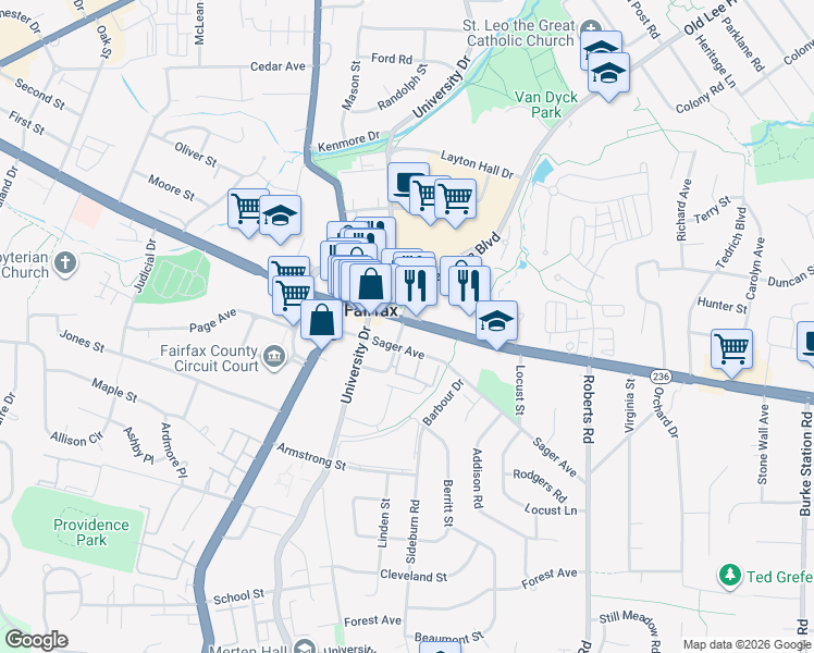 map of restaurants, bars, coffee shops, grocery stores, and more near 10355 Virginia 236 in Fairfax