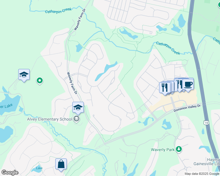 map of restaurants, bars, coffee shops, grocery stores, and more near 5137 Faldo Drive in Haymarket