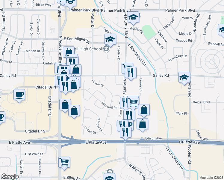 map of restaurants, bars, coffee shops, grocery stores, and more near 904 North Murray Boulevard in Colorado Springs